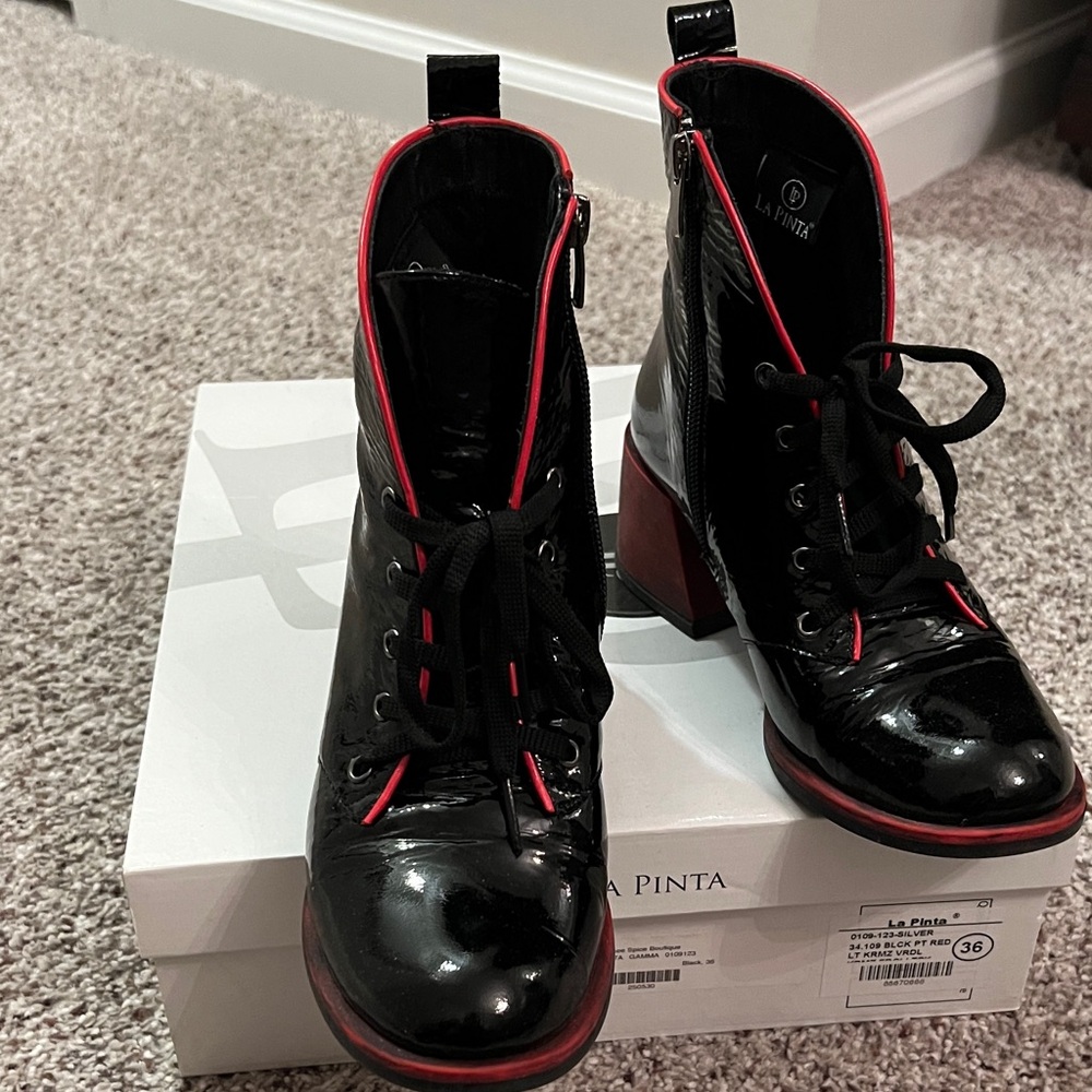 Black Patent Lace-Up Ankle Boots with Red Trim and Block Heel - Picture 6 of 6